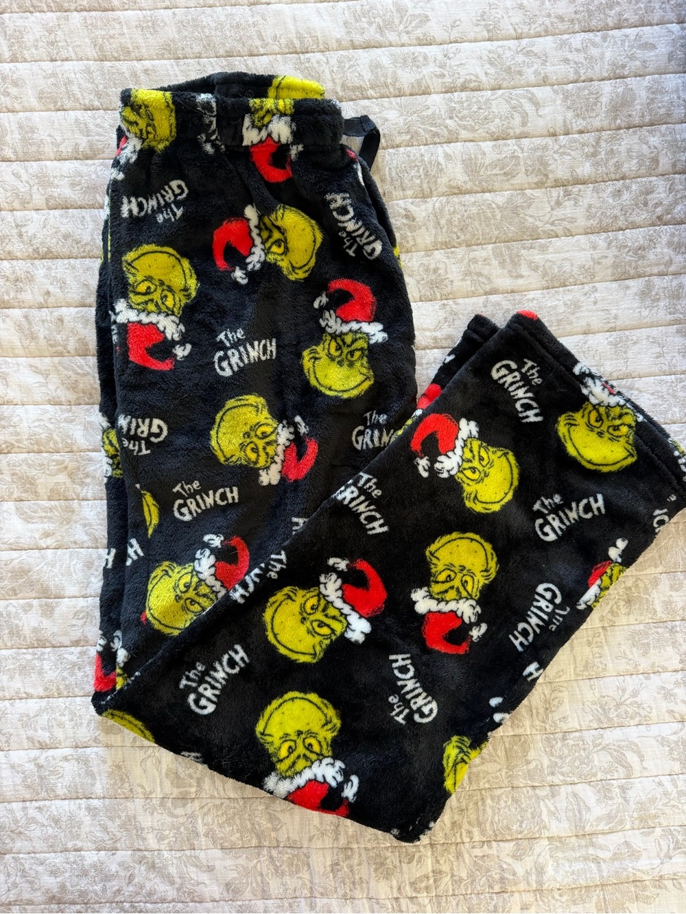 Christmas Dr. Seuss Black Fleece Grinch Pants with Yellow & Red Print